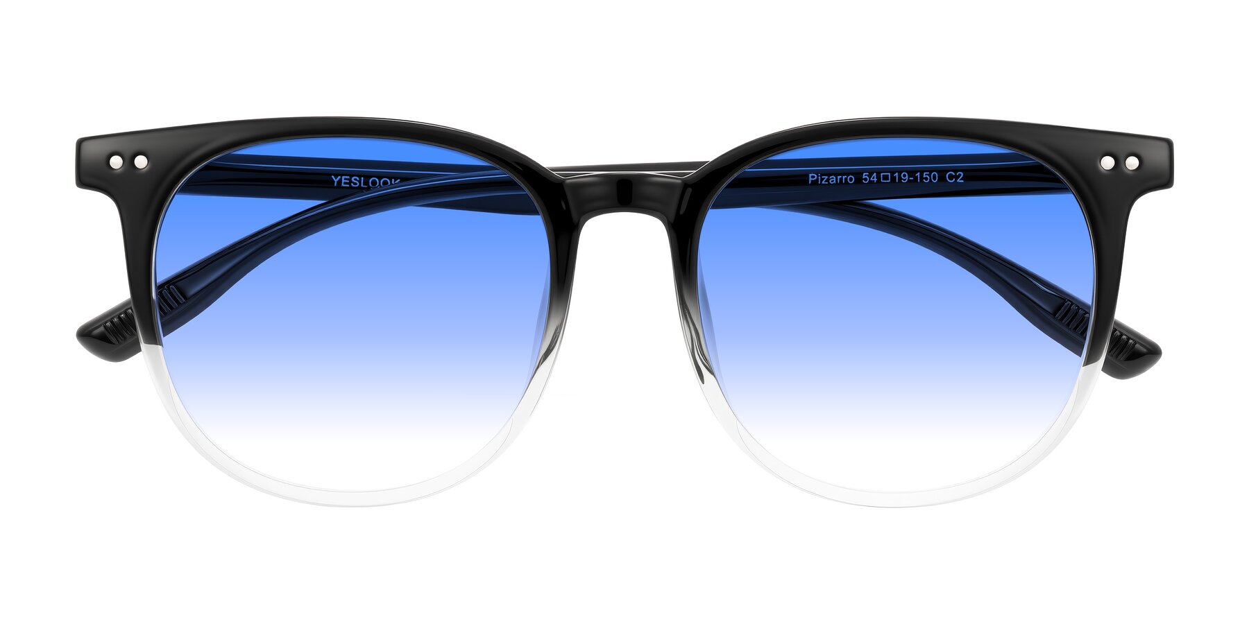 Folded Front of Pizarro in Gradient Black/Clear with Blue Gradient Lenses