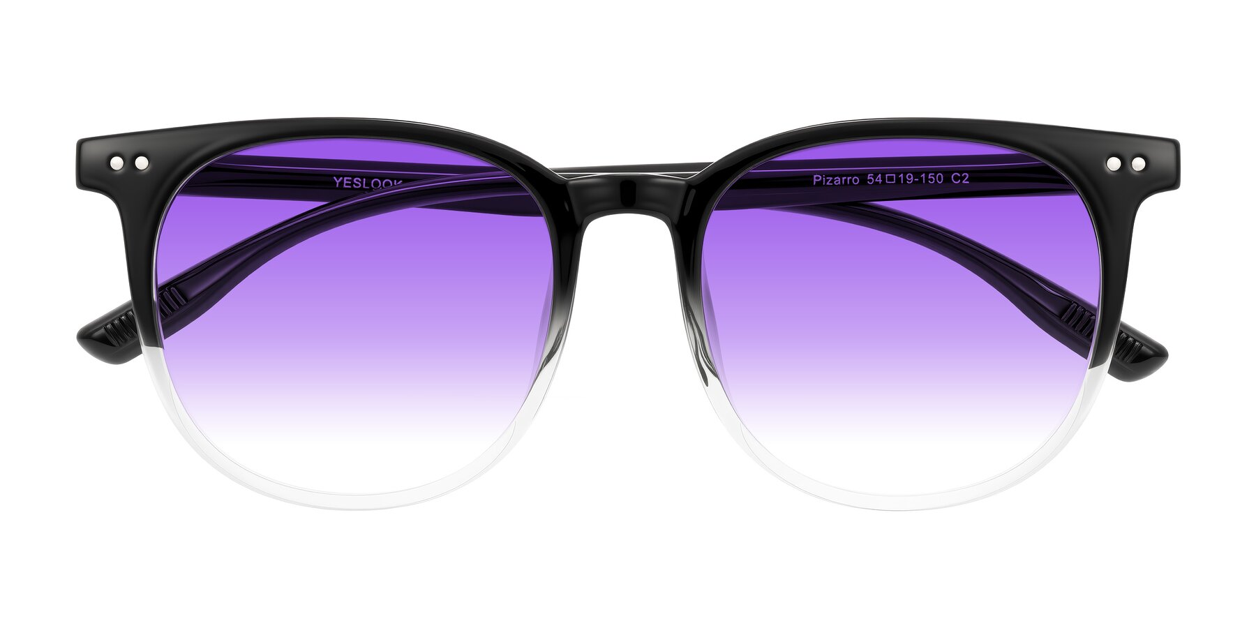 Folded Front of Pizarro in Gradient Black/Clear with Purple Gradient Lenses