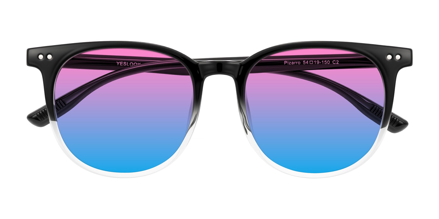 Folded Front of Pizarro in Gradient Black/Clear with Pink / Blue Gradient Lenses