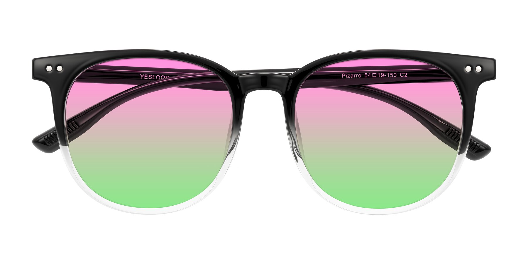 Folded Front of Pizarro in Gradient Black/Clear with Pink / Green Gradient Lenses