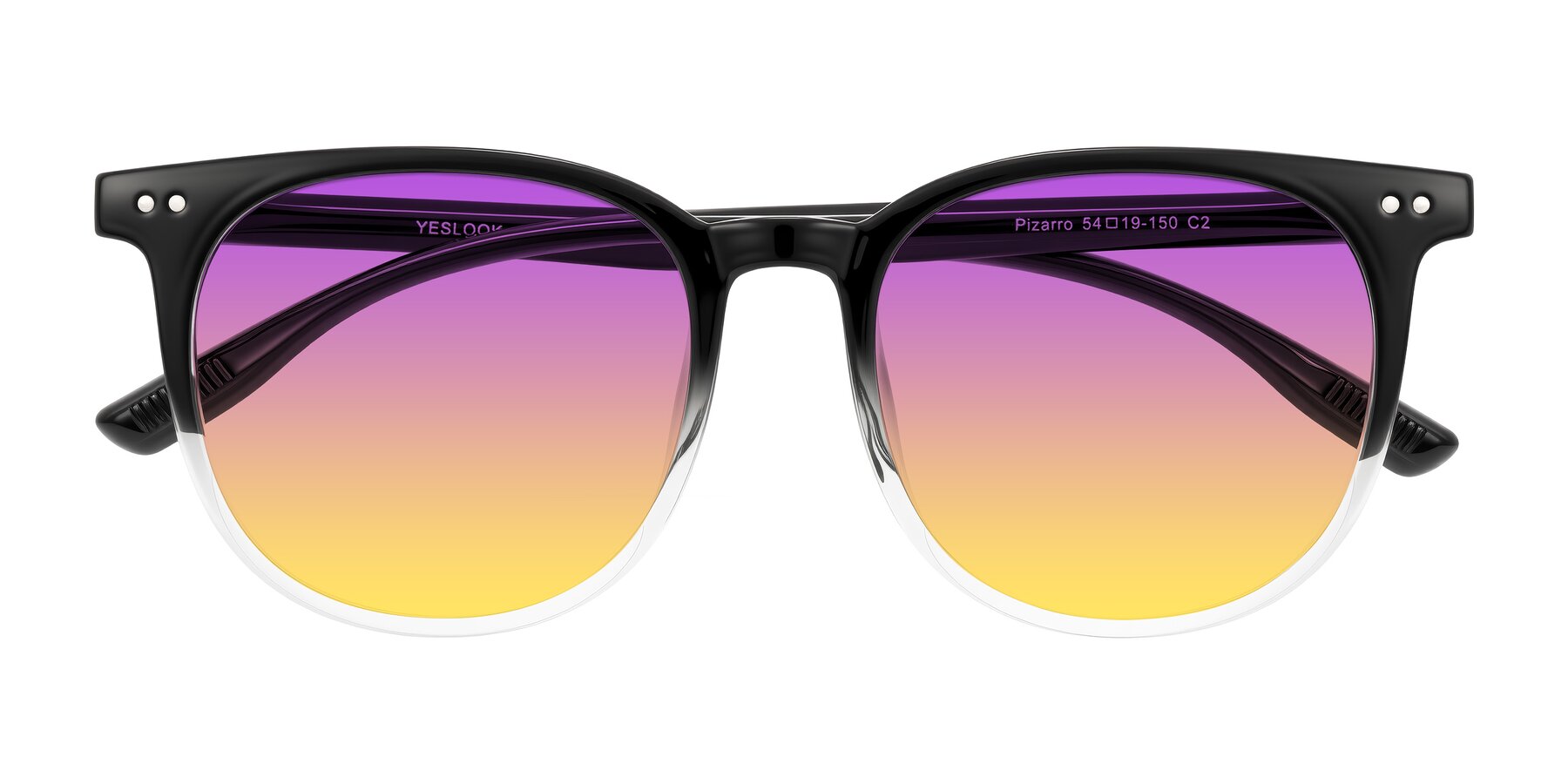 Folded Front of Pizarro in Gradient Black/Clear with Purple / Yellow Gradient Lenses