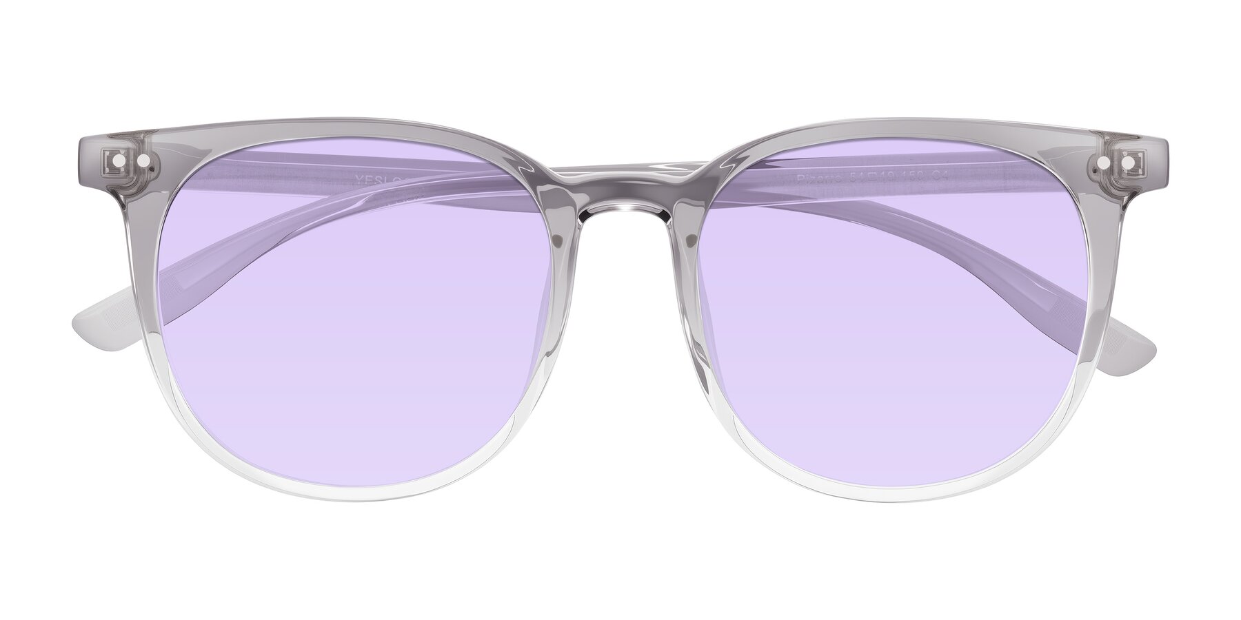 Folded Front of Pizarro in Crystal Gray with Light Purple Tinted Lenses