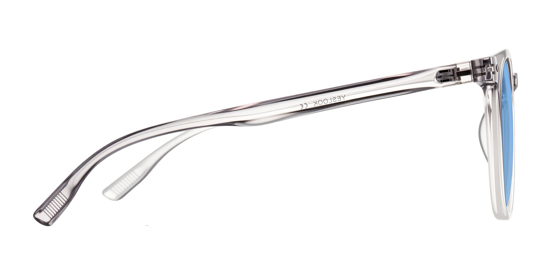 Side of Pizarro in Crystal Gray with Medium Blue Tinted Lenses