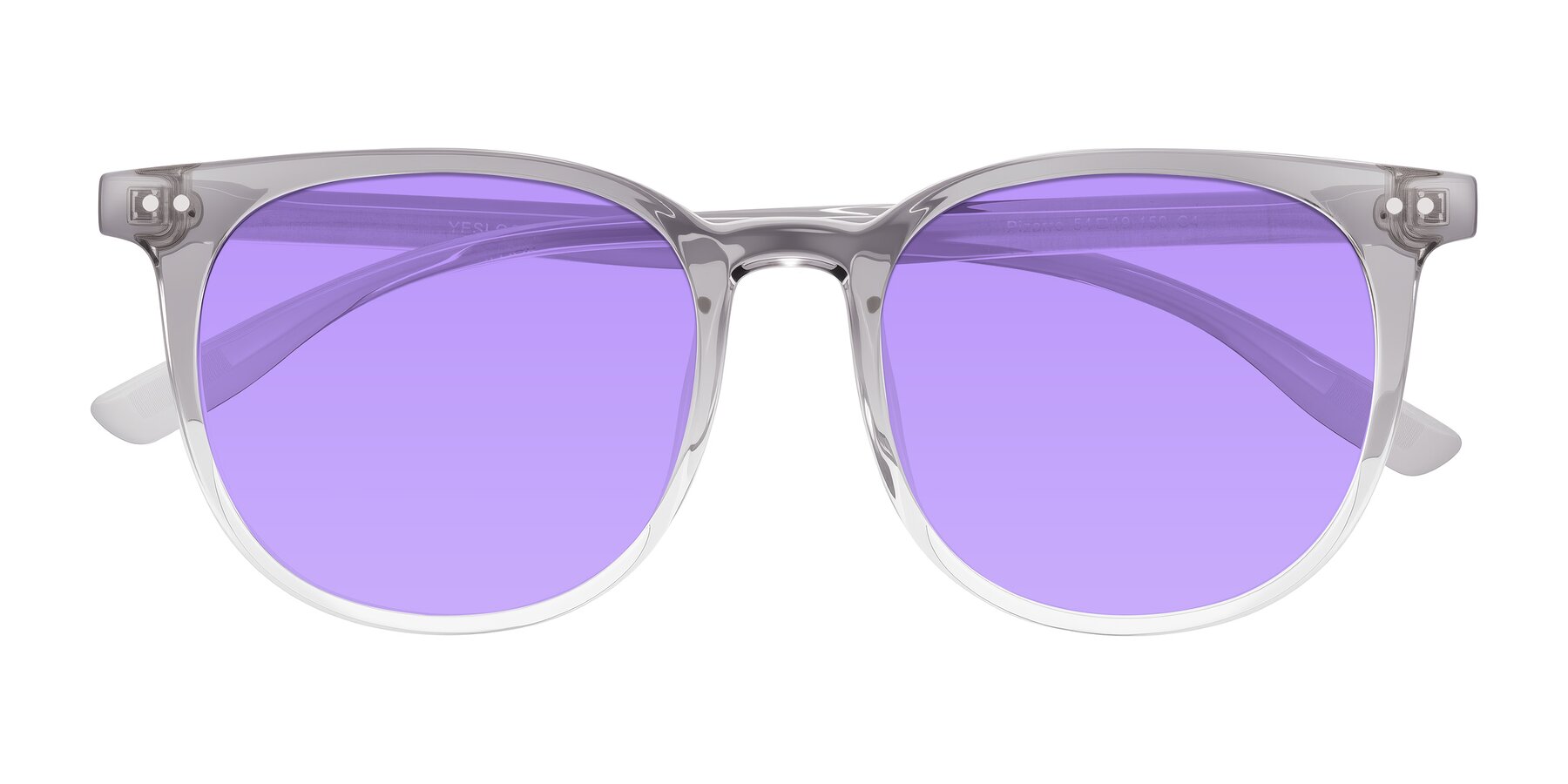 Folded Front of Pizarro in Crystal Gray with Medium Purple Tinted Lenses