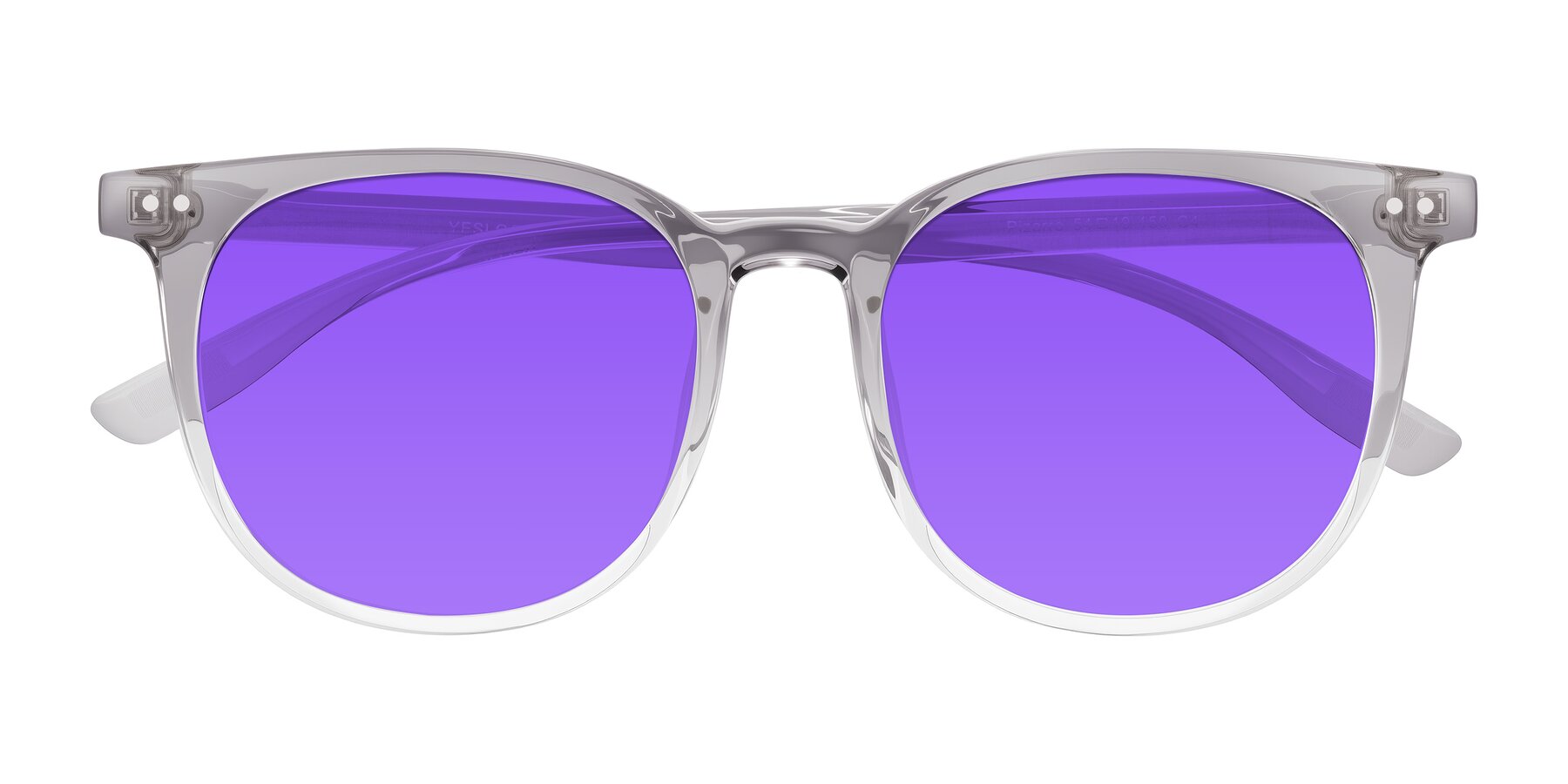 Folded Front of Pizarro in Crystal Gray with Purple Tinted Lenses