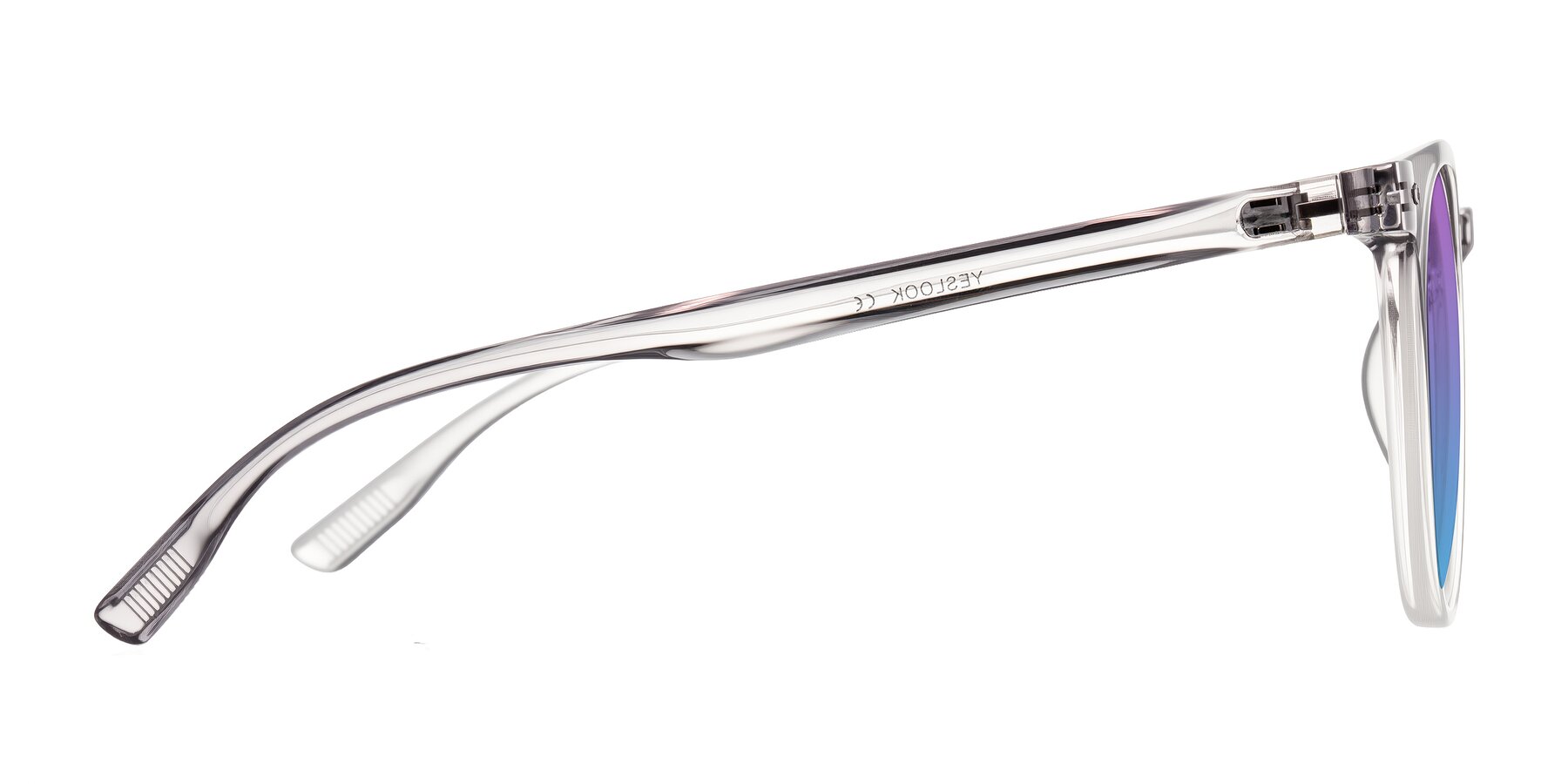 Side of Pizarro in Crystal Gray with Purple / Blue Gradient Lenses