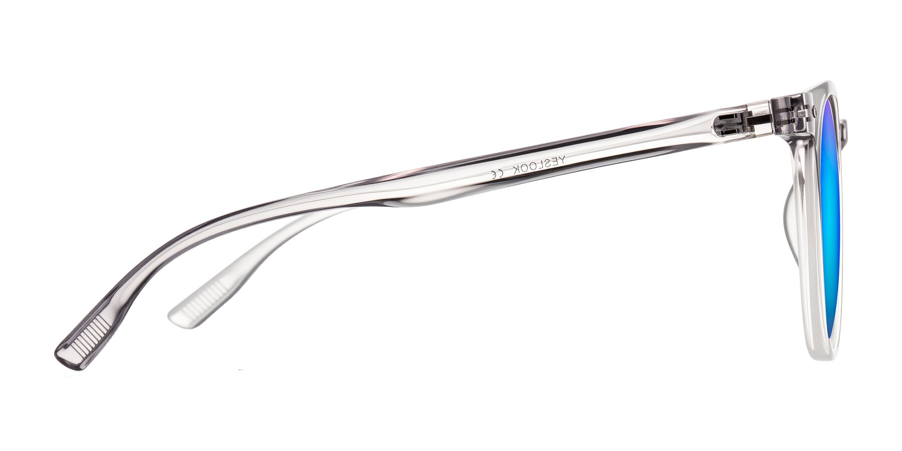 Side of Pizarro in Crystal Gray with Blue Mirrored Lenses