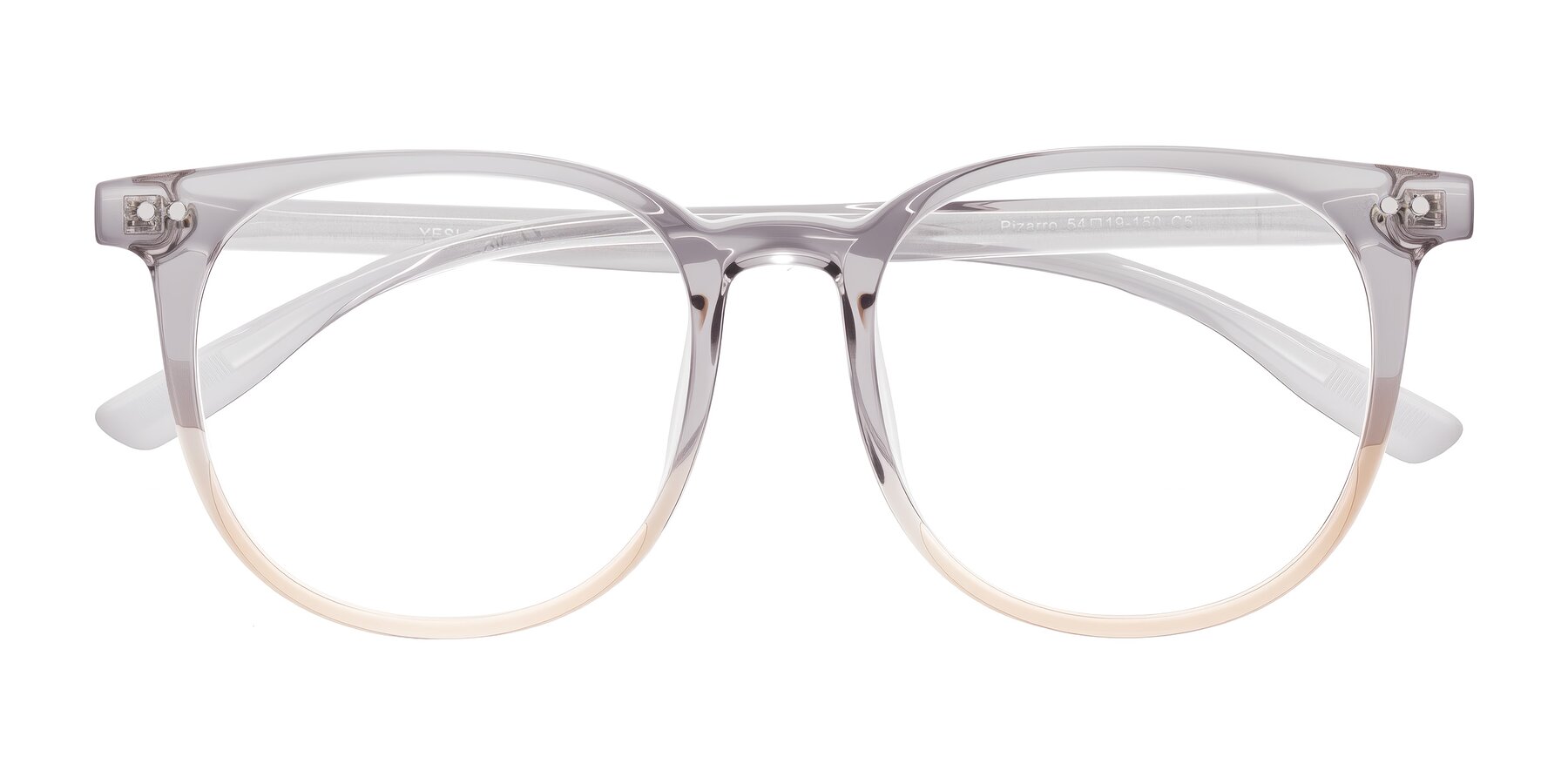 Folded Front of Pizarro in Crystal Gray/Champagne with Clear Eyeglass Lenses