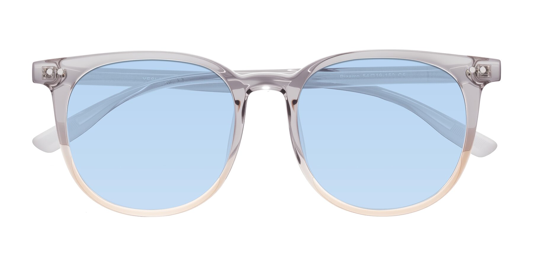 Folded Front of Pizarro in Crystal Gray/Champagne with Light Blue Tinted Lenses