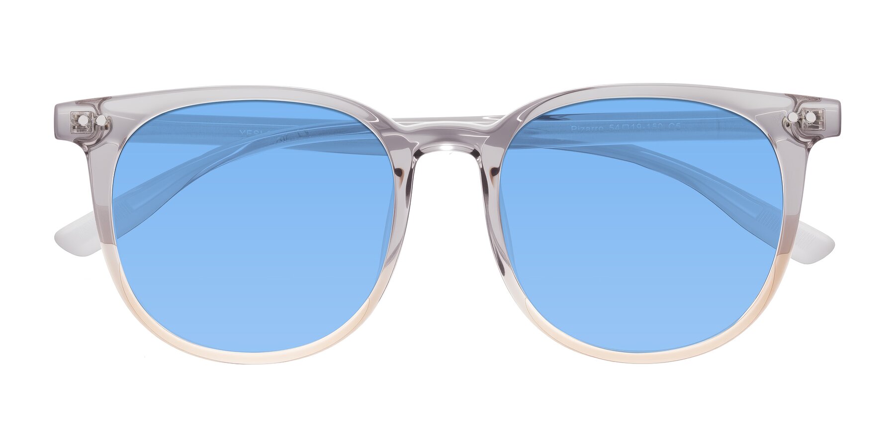 Folded Front of Pizarro in Crystal Gray/Champagne with Medium Blue Tinted Lenses
