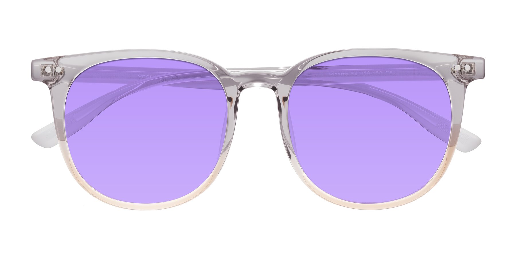 Folded Front of Pizarro in Crystal Gray/Champagne with Medium Purple Tinted Lenses