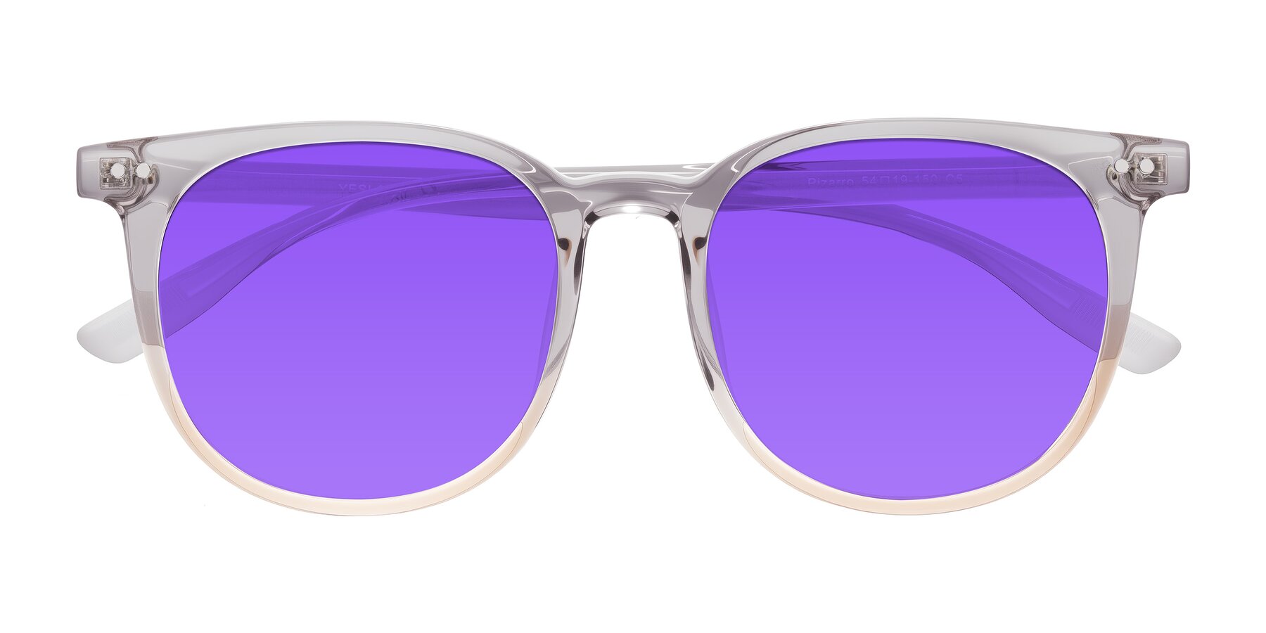 Folded Front of Pizarro in Crystal Gray/Champagne with Purple Tinted Lenses