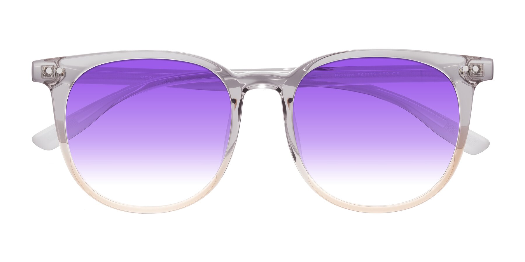 Folded Front of Pizarro in Crystal Gray/Champagne with Purple Gradient Lenses