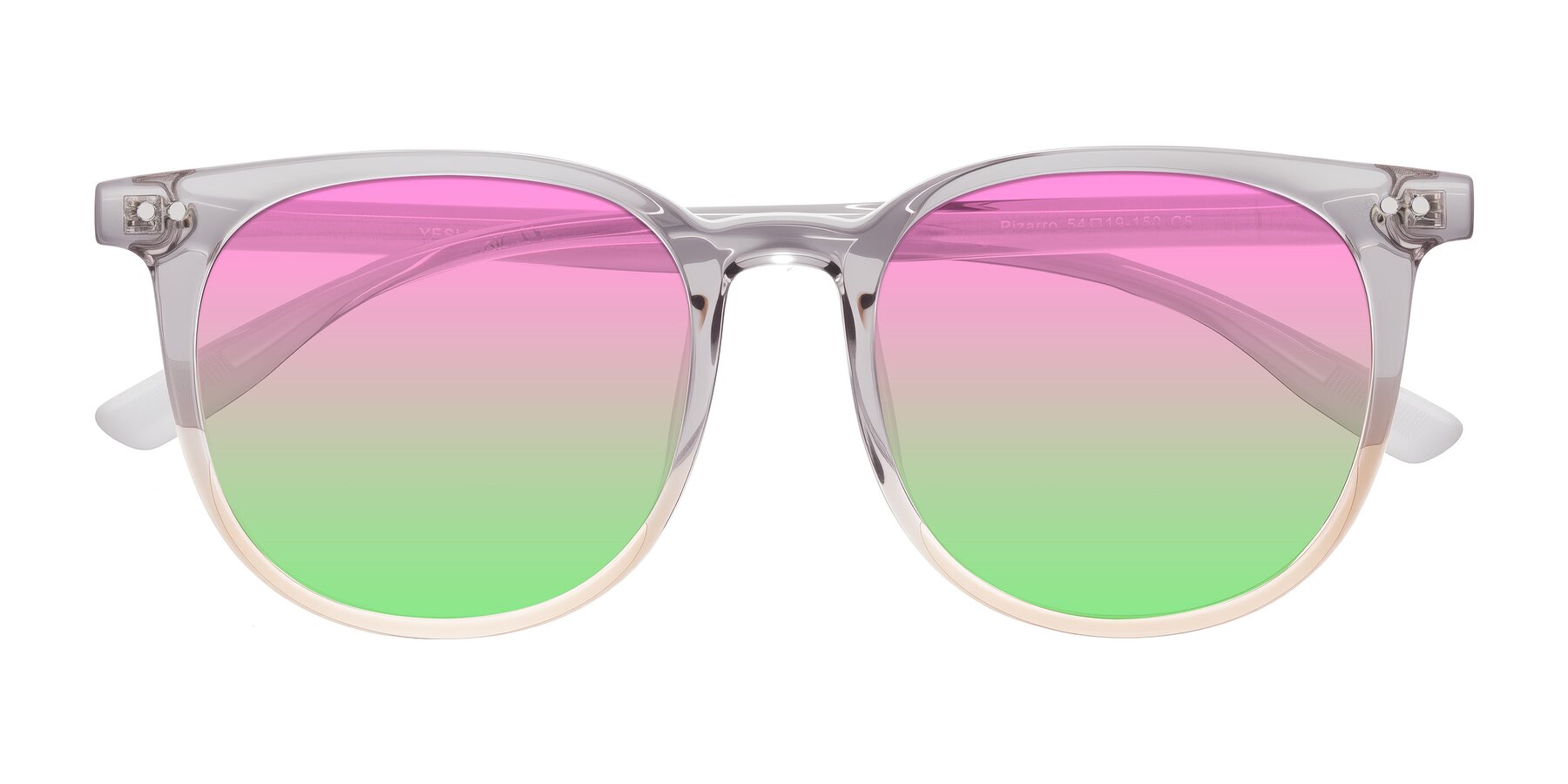 Folded Front of Pizarro in Crystal Gray/Champagne with Pink / Green Gradient Lenses