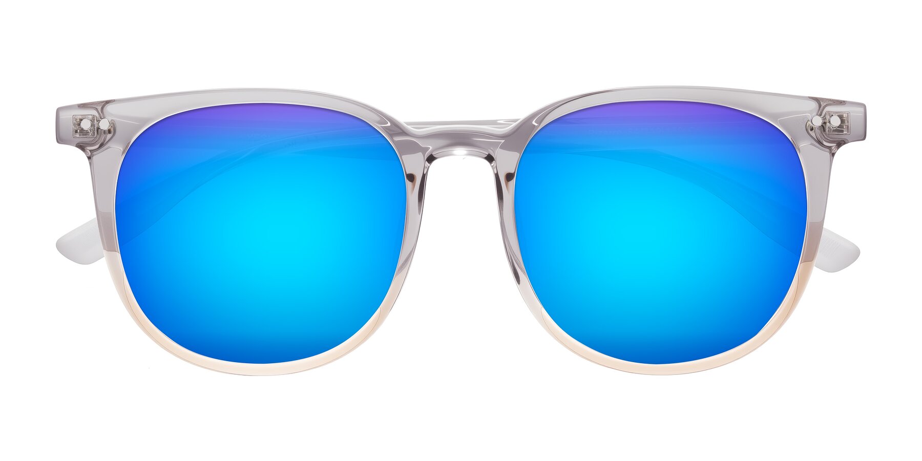 Folded Front of Pizarro in Crystal Gray/Champagne with Blue Mirrored Lenses