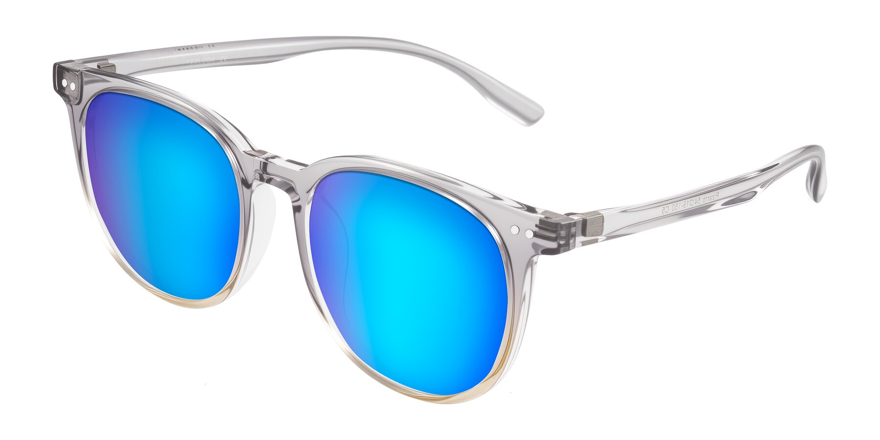 Angle of Pizarro in Crystal Gray/Champagne with Blue Mirrored Lenses