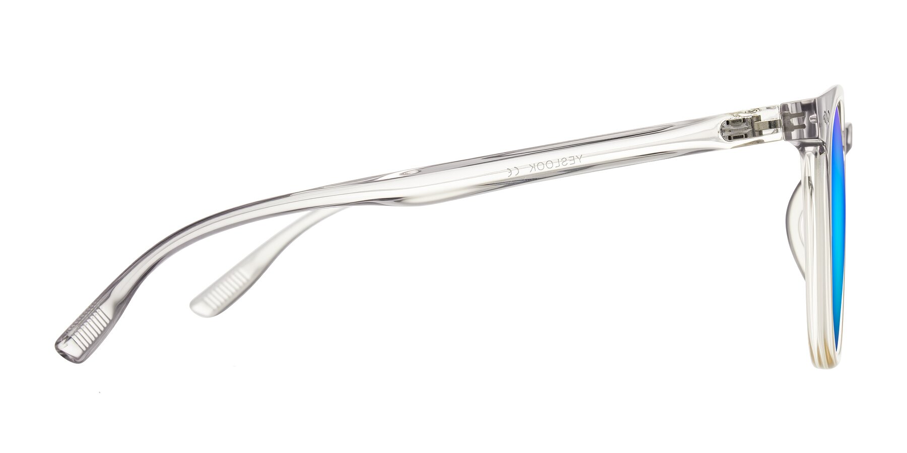 Side of Pizarro in Crystal Gray/Champagne with Blue Mirrored Lenses