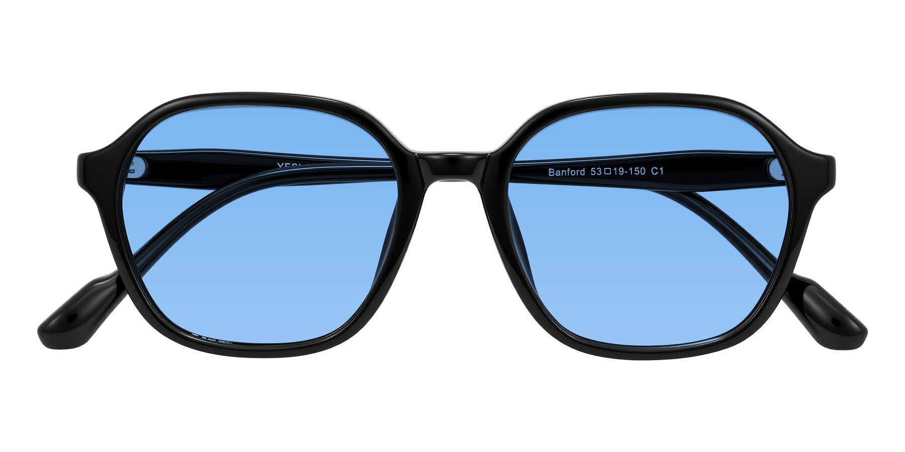 Folded Front of Banford in Black with Medium Blue Tinted Lenses