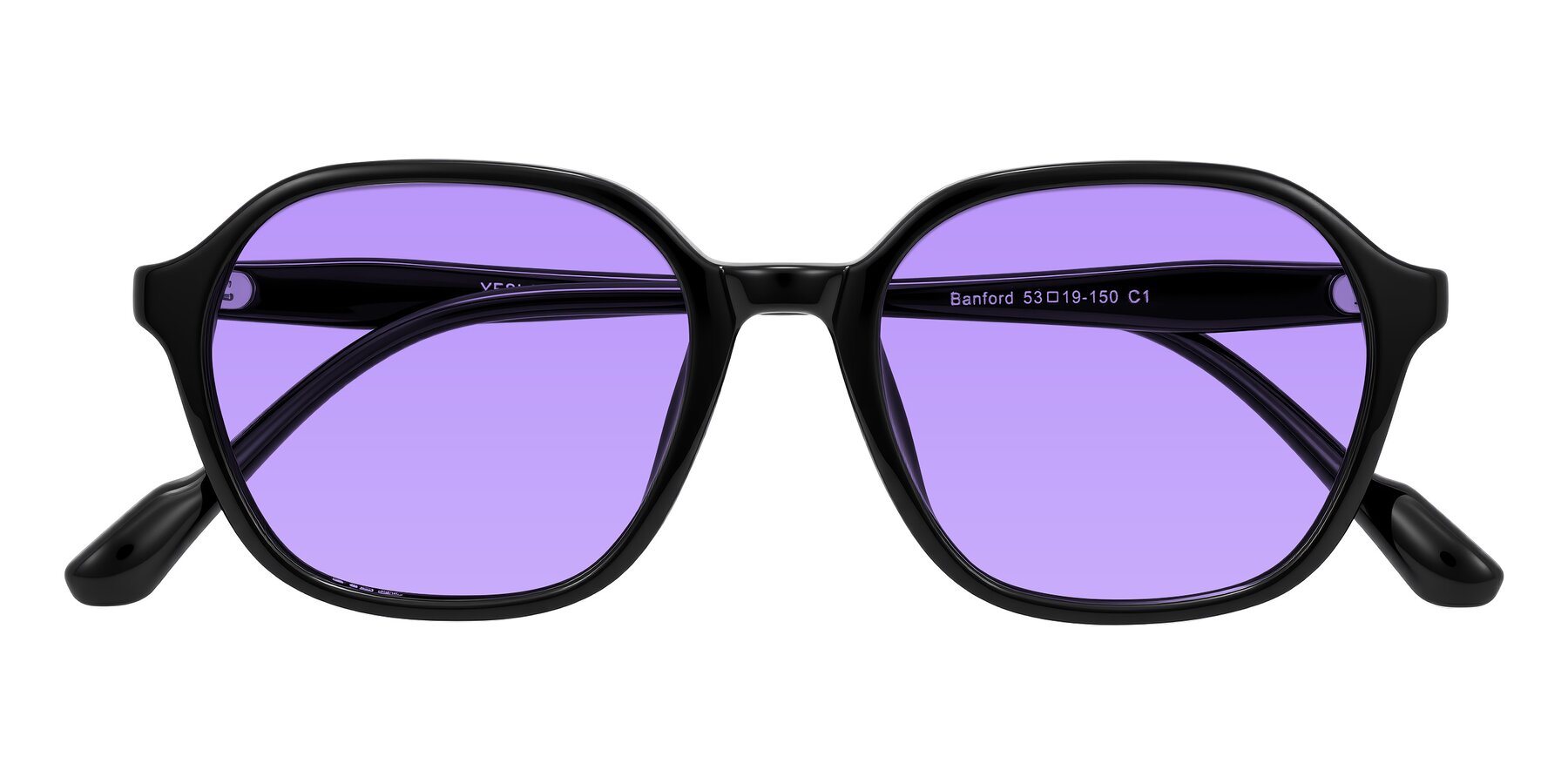 Folded Front of Banford in Black with Medium Purple Tinted Lenses