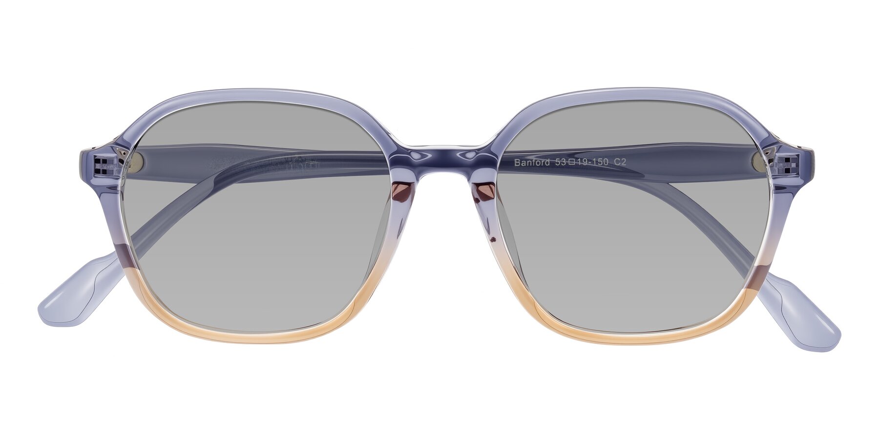 Folded Front of Banford in Crystal Indigo/Champagne with Light Gray Tinted Lenses