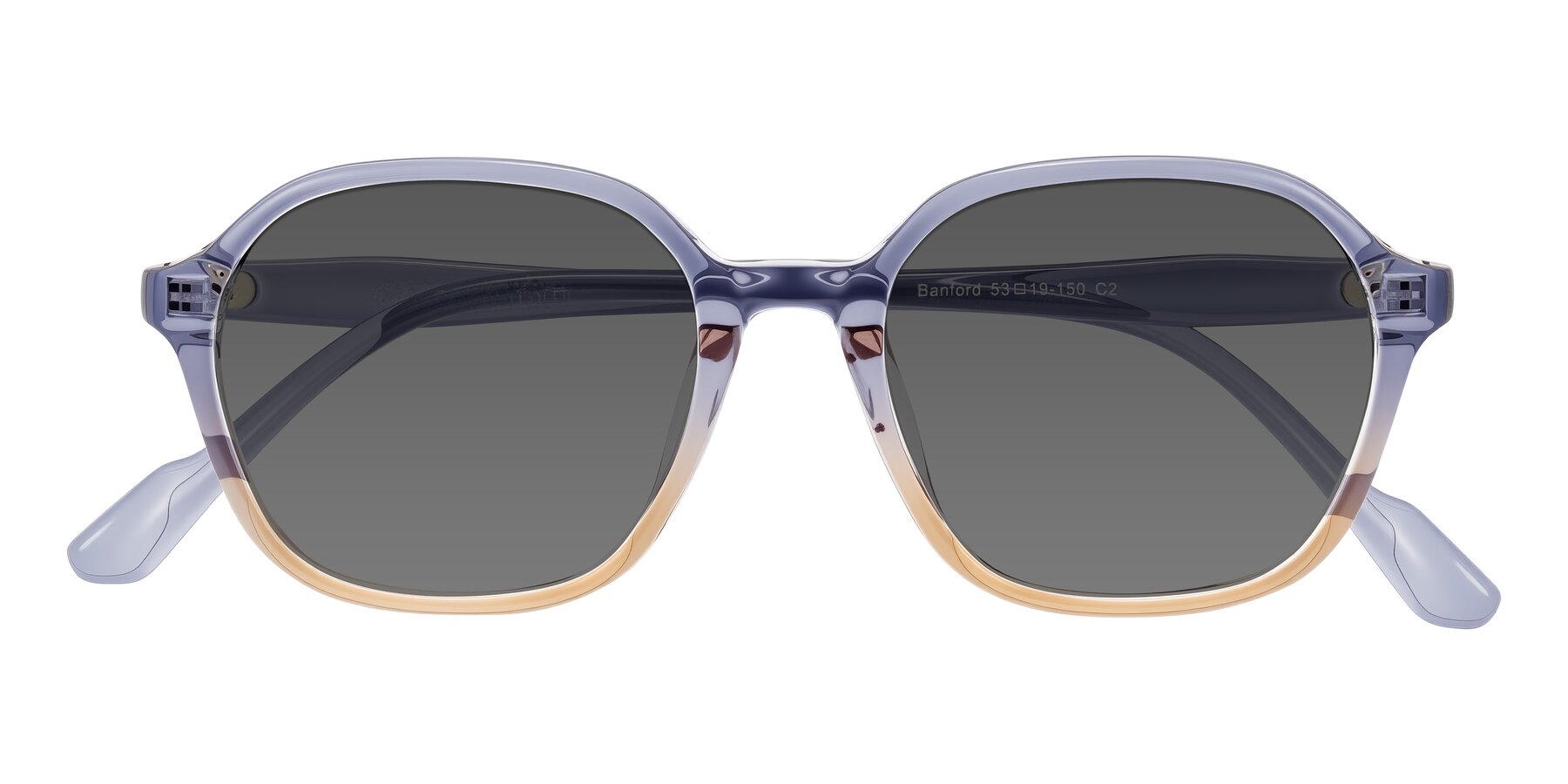 Folded Front of Banford in Crystal Indigo/Champagne with Medium Gray Tinted Lenses