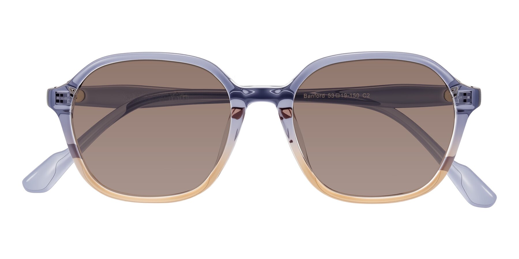 Folded Front of Banford in Crystal Indigo/Champagne with Medium Brown Tinted Lenses