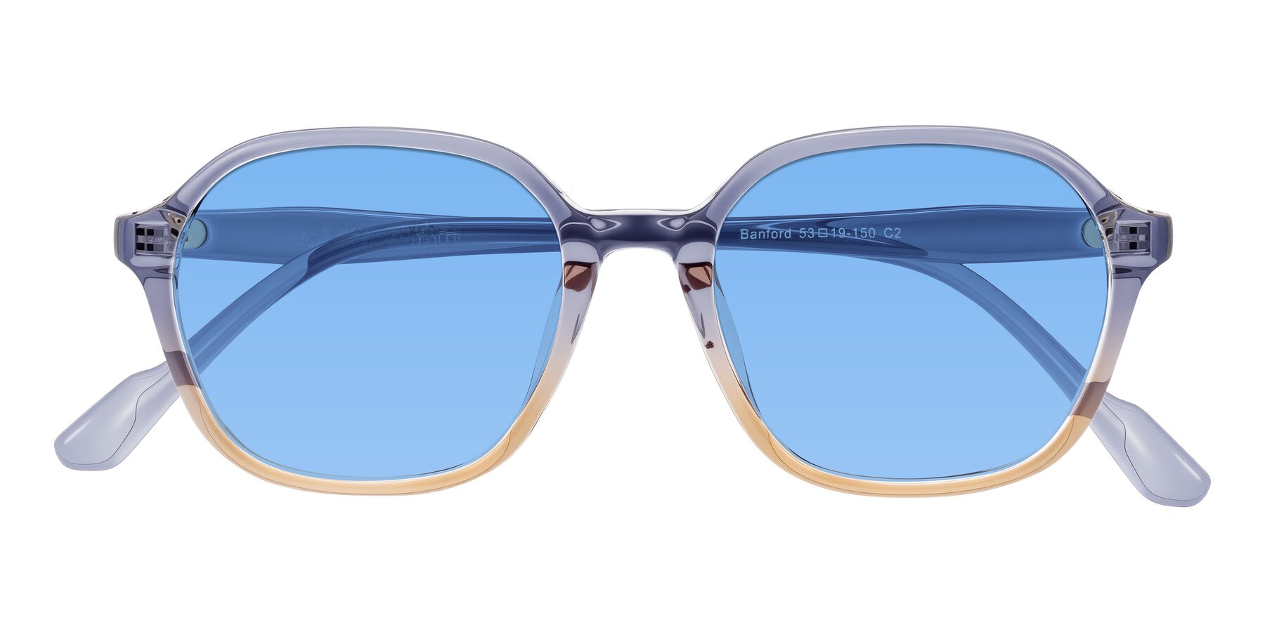 Folded Front of Banford in Crystal Indigo/Champagne with Medium Blue Tinted Lenses