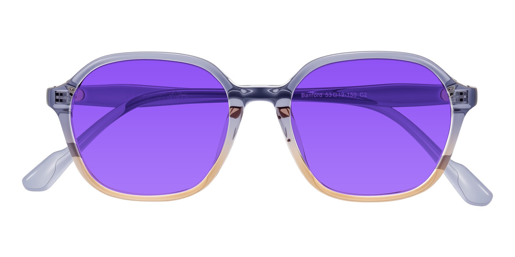 Folded Front of Banford in Crystal Indigo/Champagne with Purple Tinted Lenses