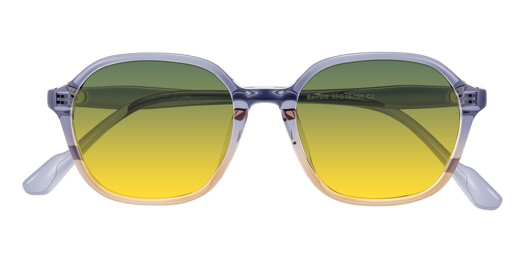 Folded Front of Banford in Crystal Indigo/Champagne with Green / Yellow Gradient Lenses