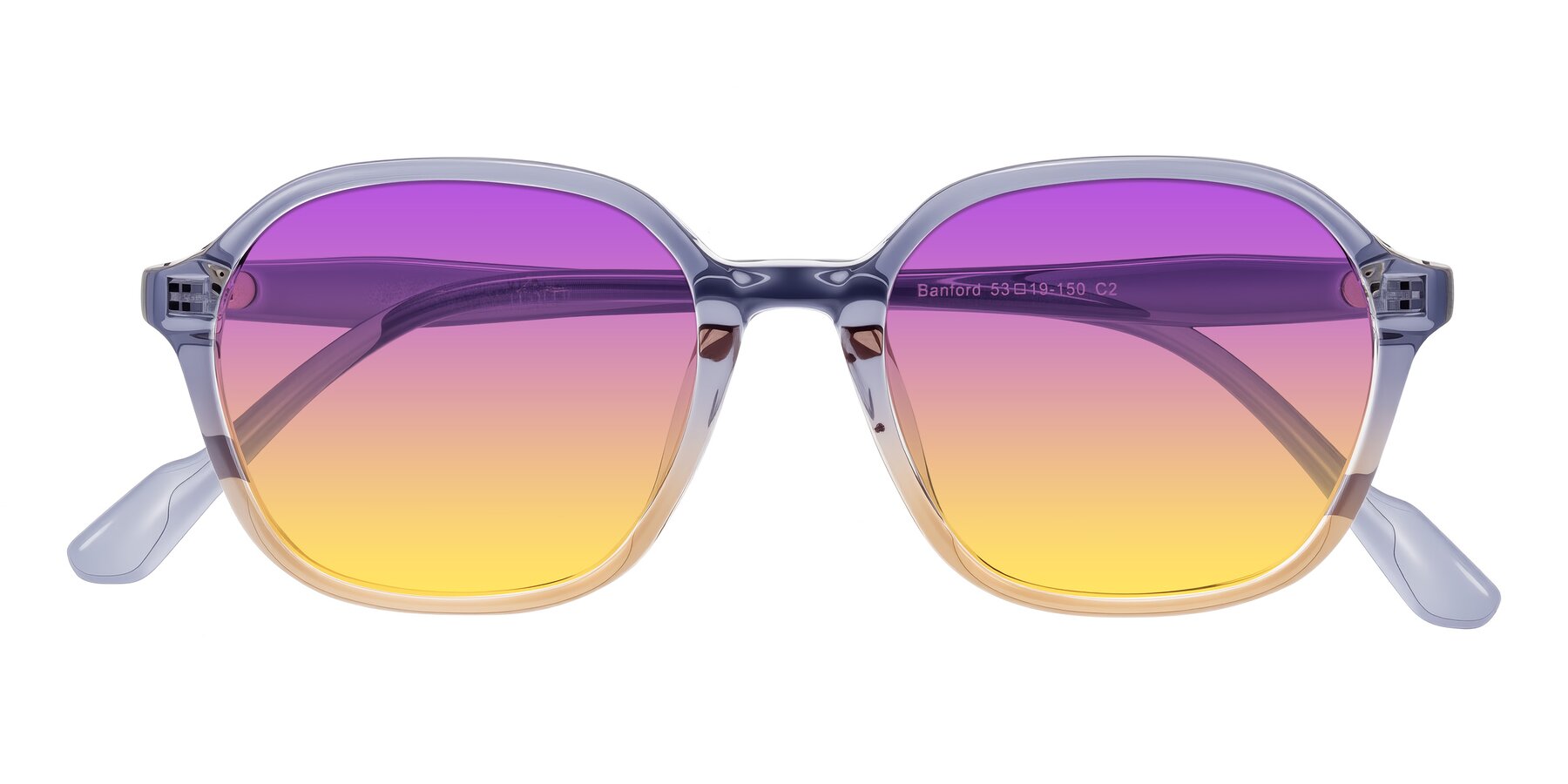 Folded Front of Banford in Crystal Indigo/Champagne with Purple / Yellow Gradient Lenses