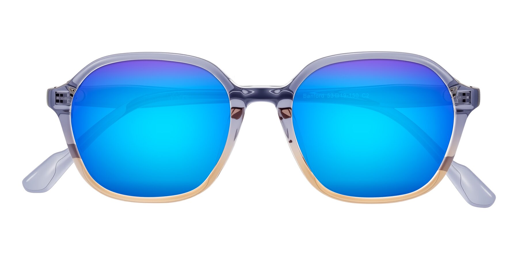 Folded Front of Banford in Crystal Indigo/Champagne with Blue Mirrored Lenses