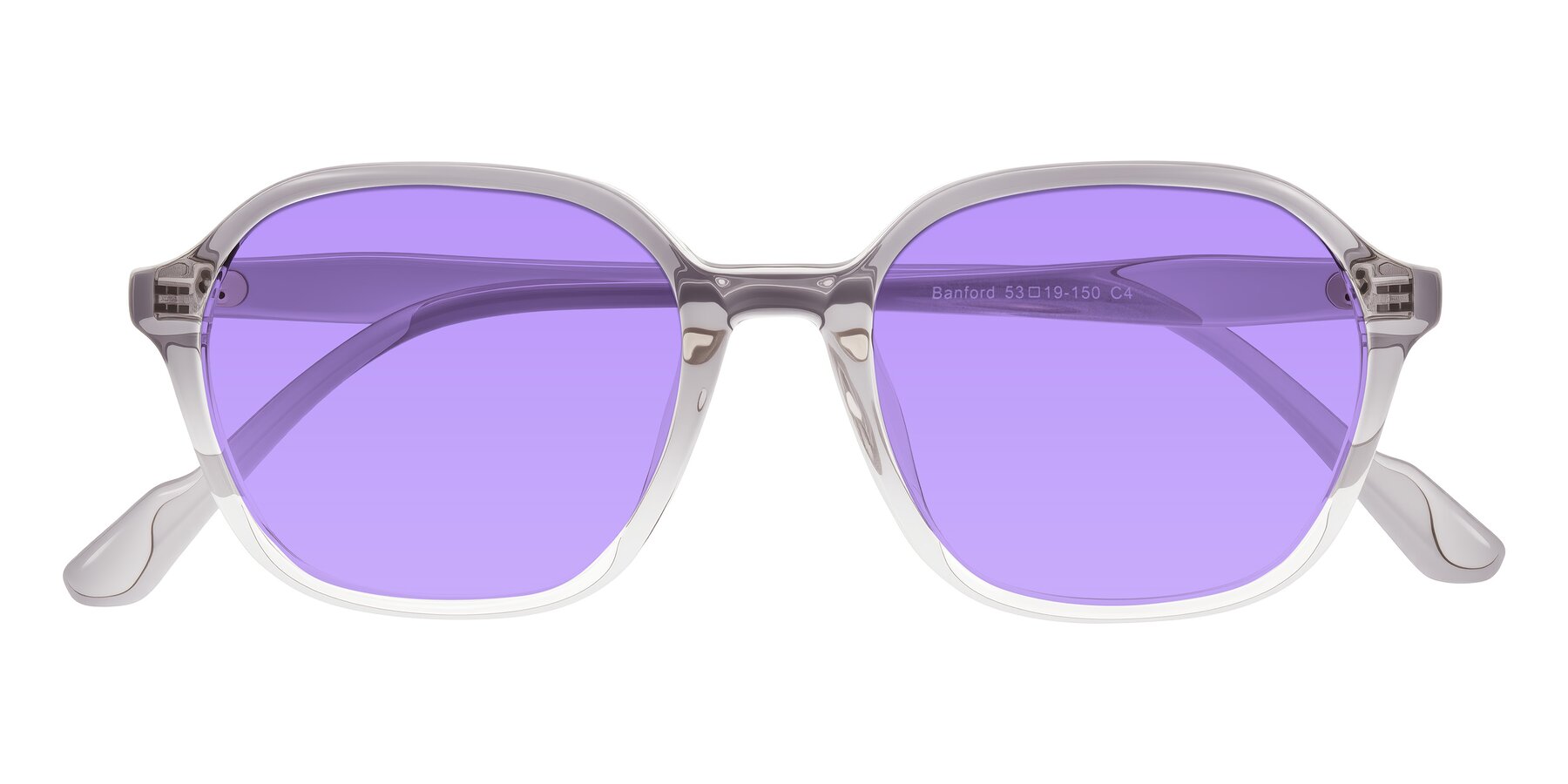 Folded Front of Banford in Crystal Gray with Medium Purple Tinted Lenses