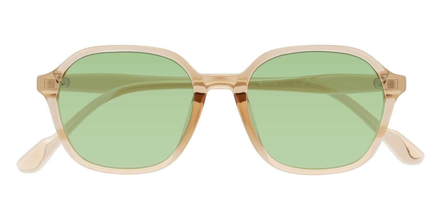 Folded Front of Banford in Champagne with Medium Green Tinted Lenses