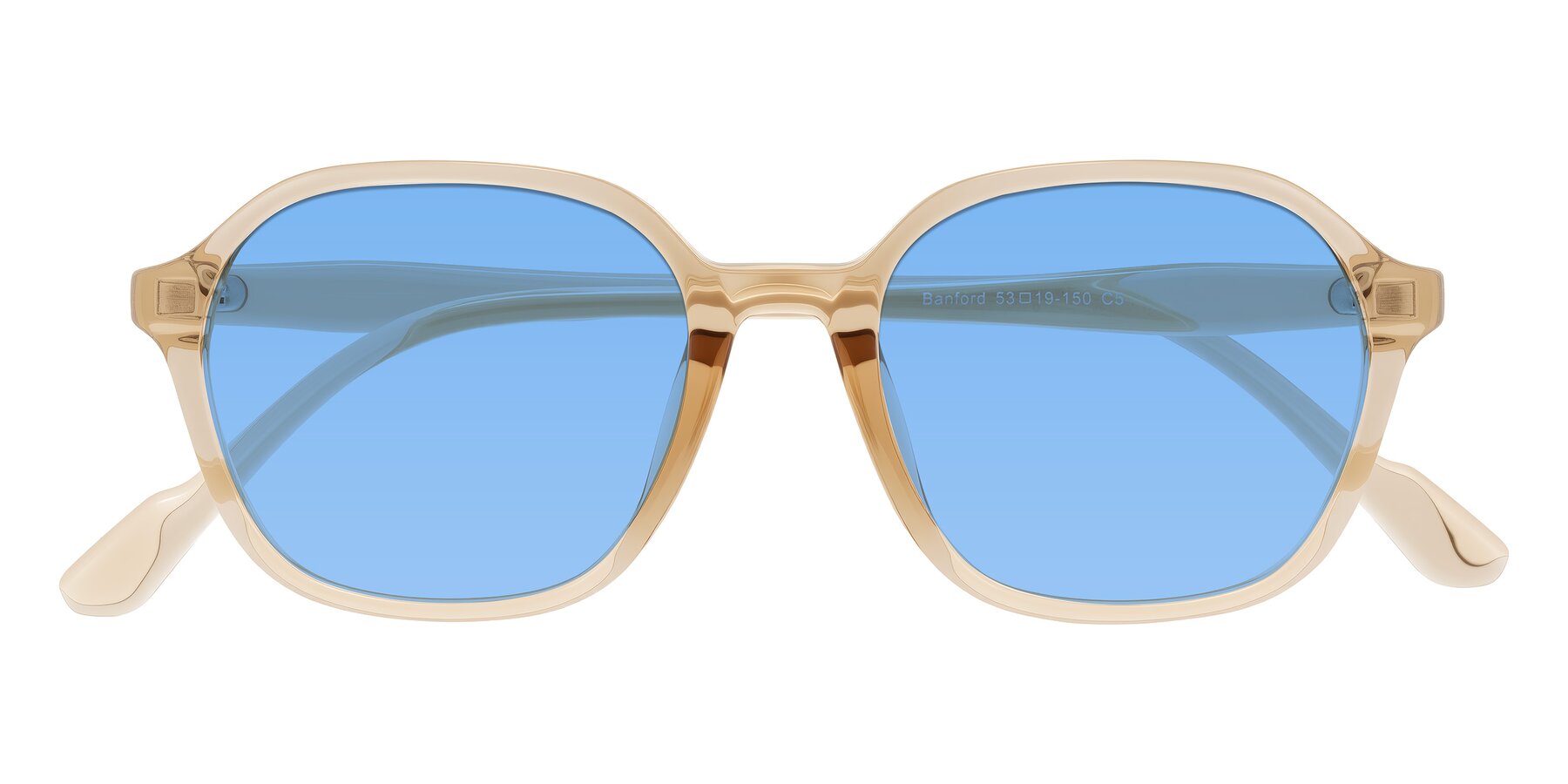 Folded Front of Banford in Champagne with Medium Blue Tinted Lenses