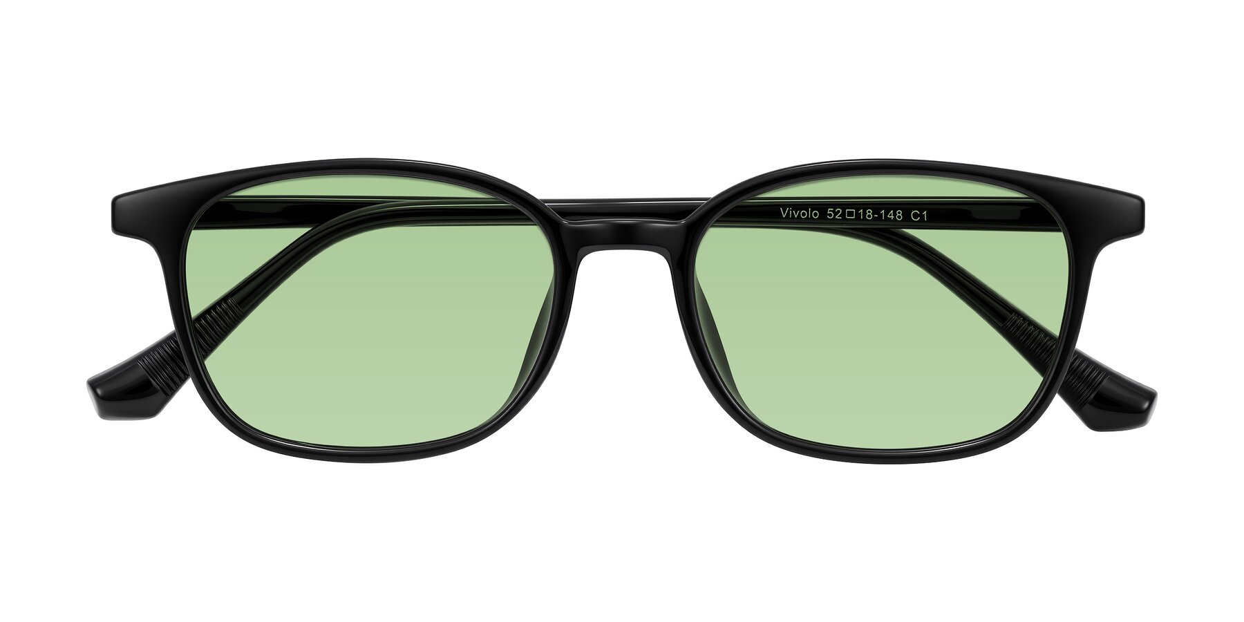 Folded Front of Vivolo in Black with Medium Green Tinted Lenses