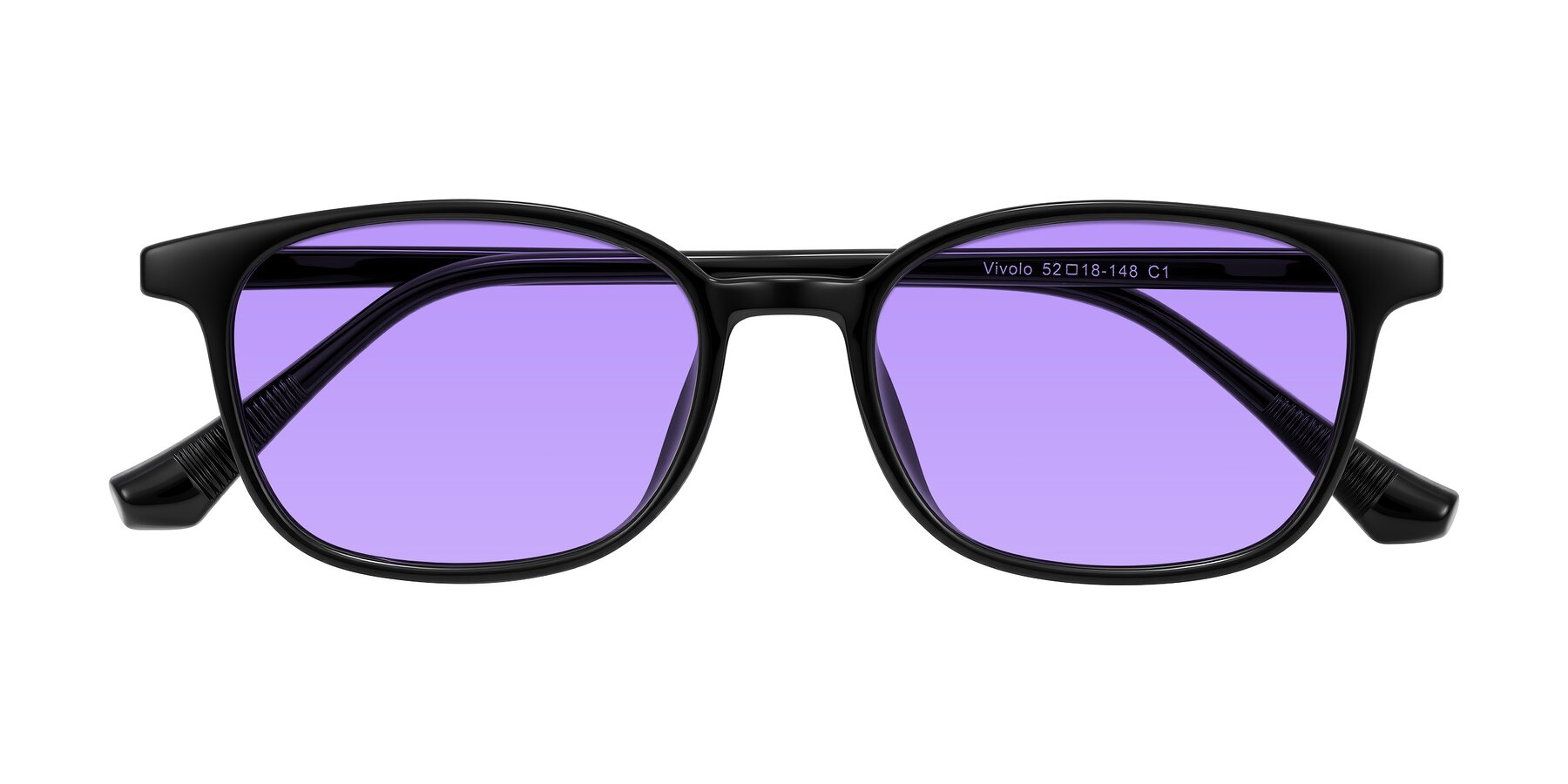 Folded Front of Vivolo in Black with Medium Purple Tinted Lenses