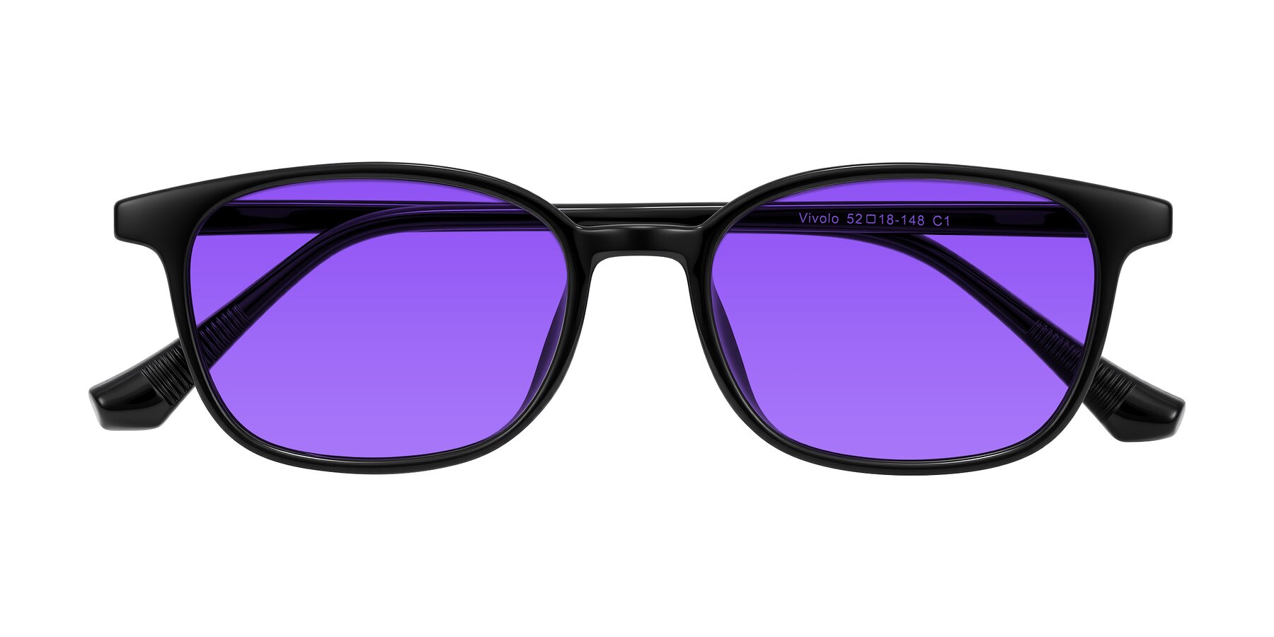 Folded Front of Vivolo in Black with Purple Tinted Lenses