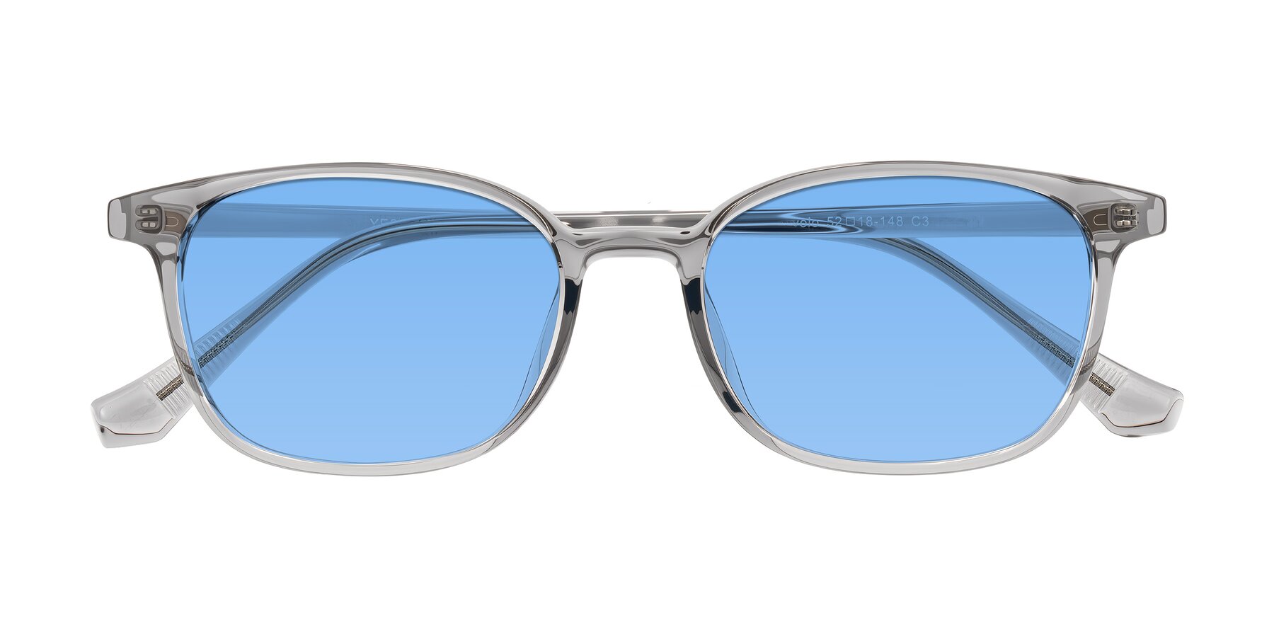 Folded Front of Vivolo in Transparent Gray with Medium Blue Tinted Lenses