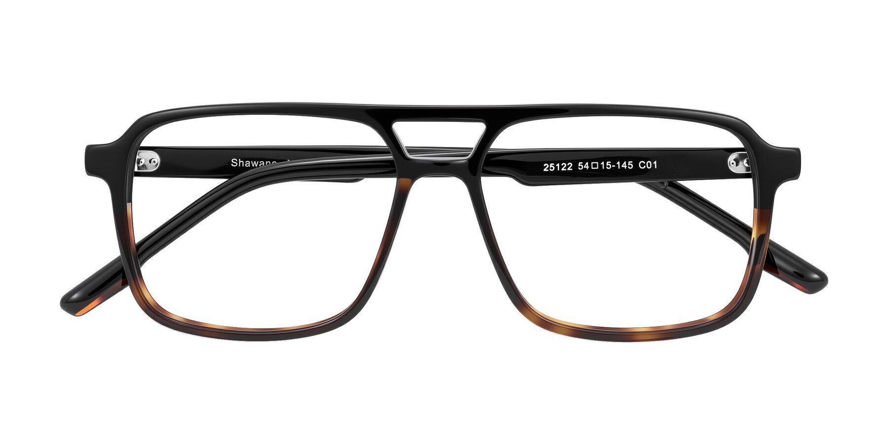 Folded Front of Shawano in Black/Tortoise with Clear Eyeglass Lenses