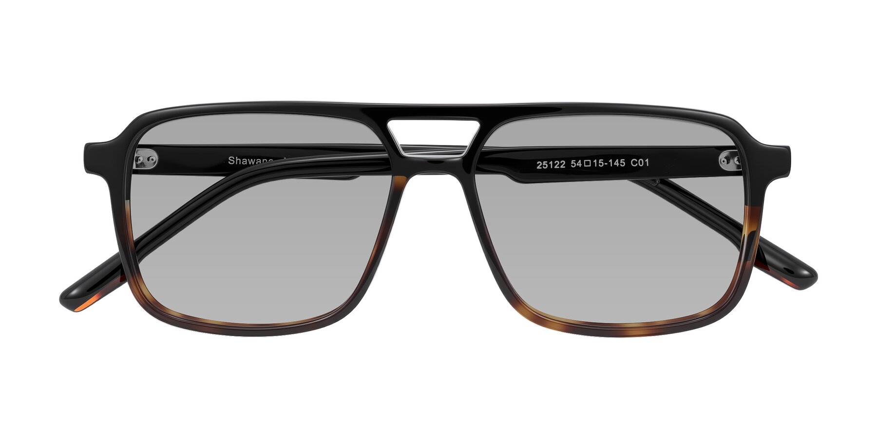Folded Front of Shawano in Black/Tortoise with Light Gray Tinted Lenses