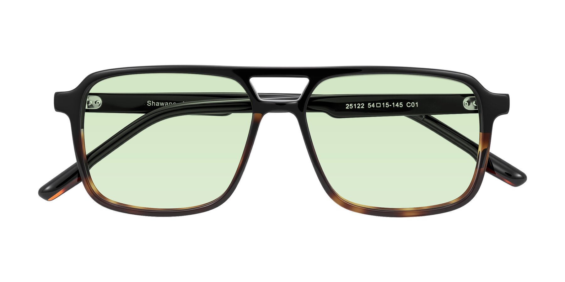 Folded Front of Shawano in Black/Tortoise with Light Green Tinted Lenses