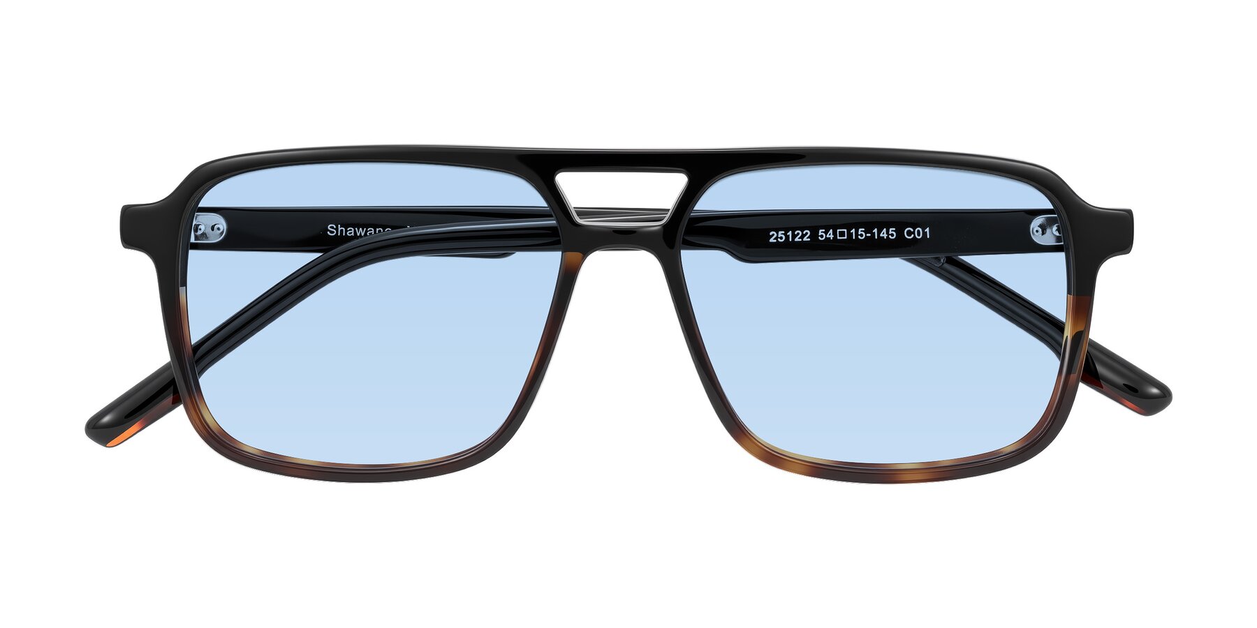 Folded Front of Shawano in Black/Tortoise with Light Blue Tinted Lenses