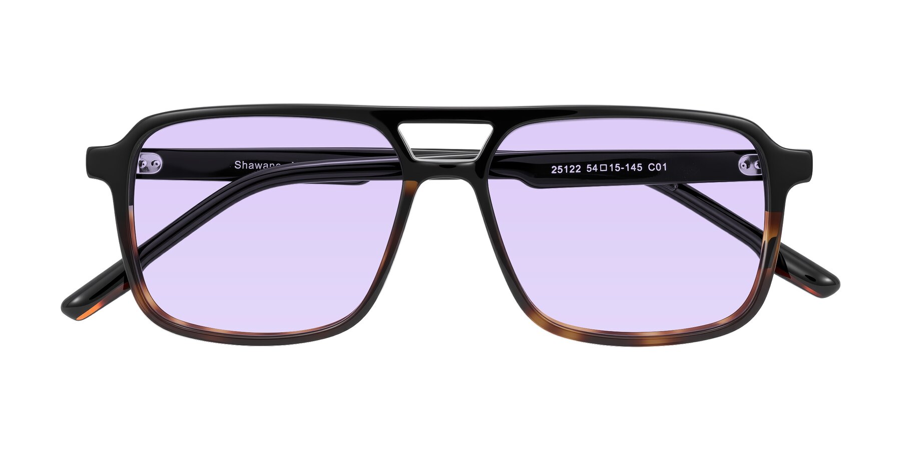 Folded Front of Shawano in Black/Tortoise with Light Purple Tinted Lenses