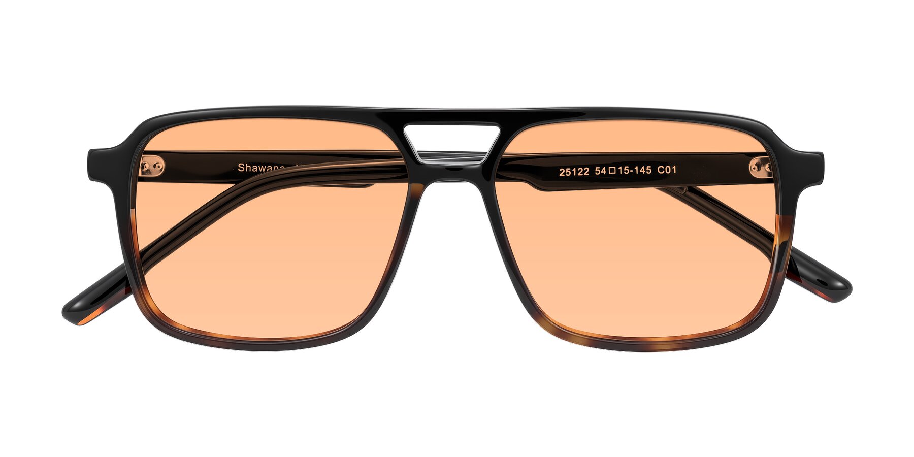 Folded Front of Shawano in Black/Tortoise with Light Orange Tinted Lenses