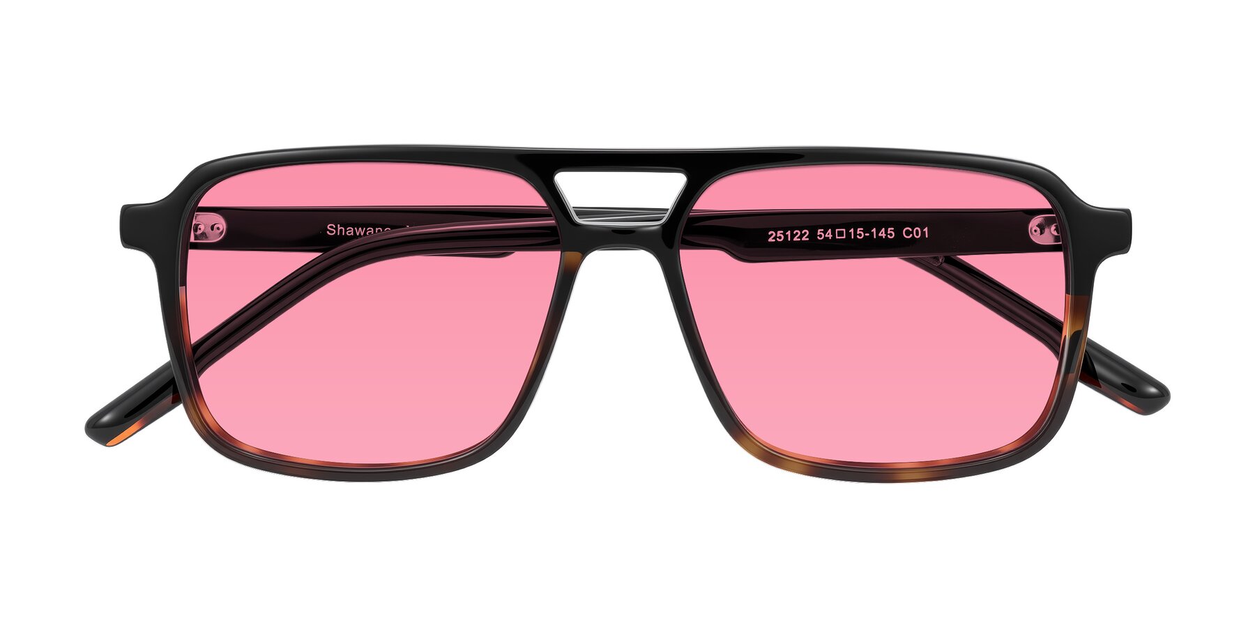 Folded Front of Shawano in Black/Tortoise with Pink Tinted Lenses