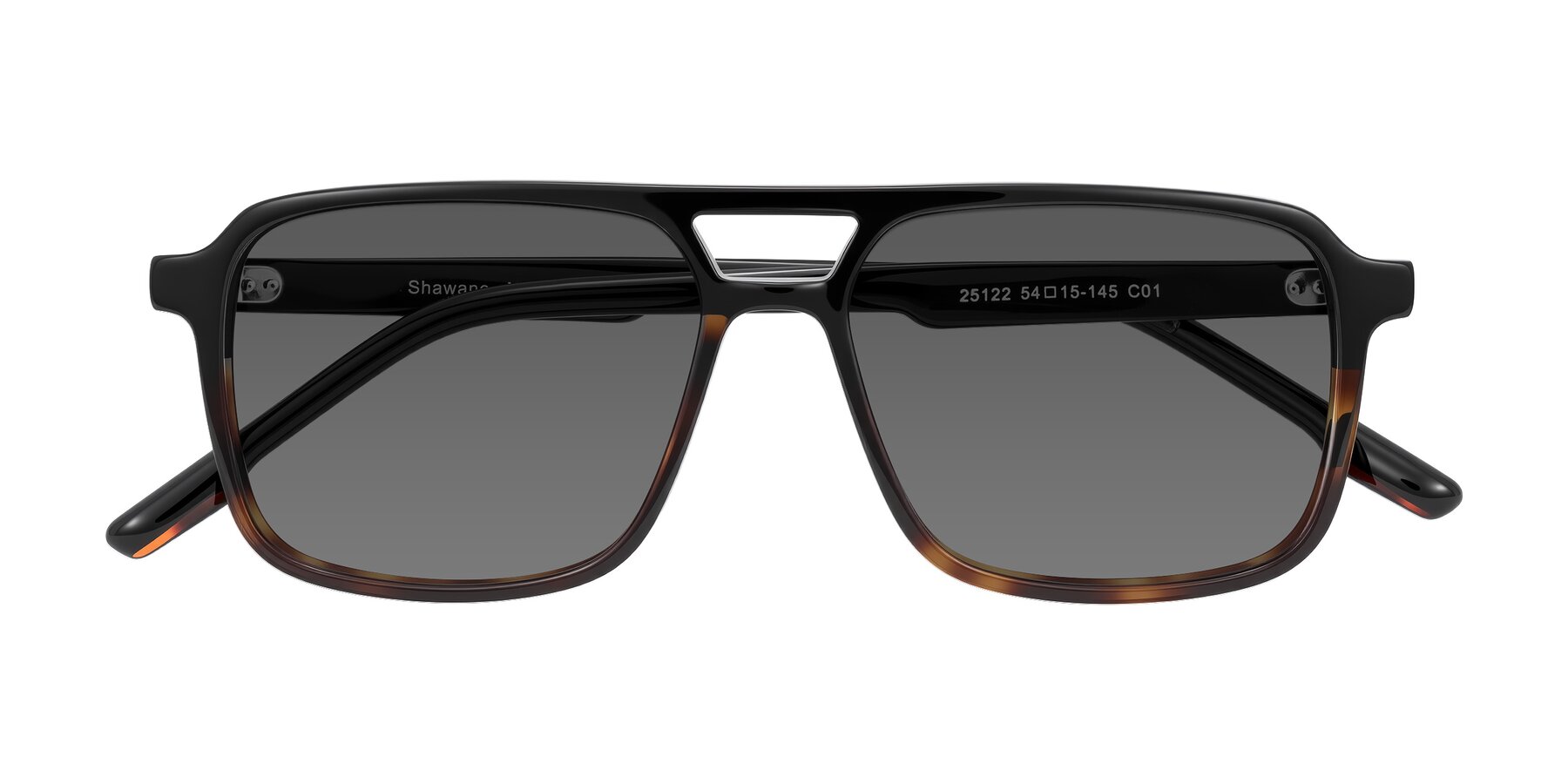 Folded Front of Shawano in Black/Tortoise with Medium Gray Tinted Lenses