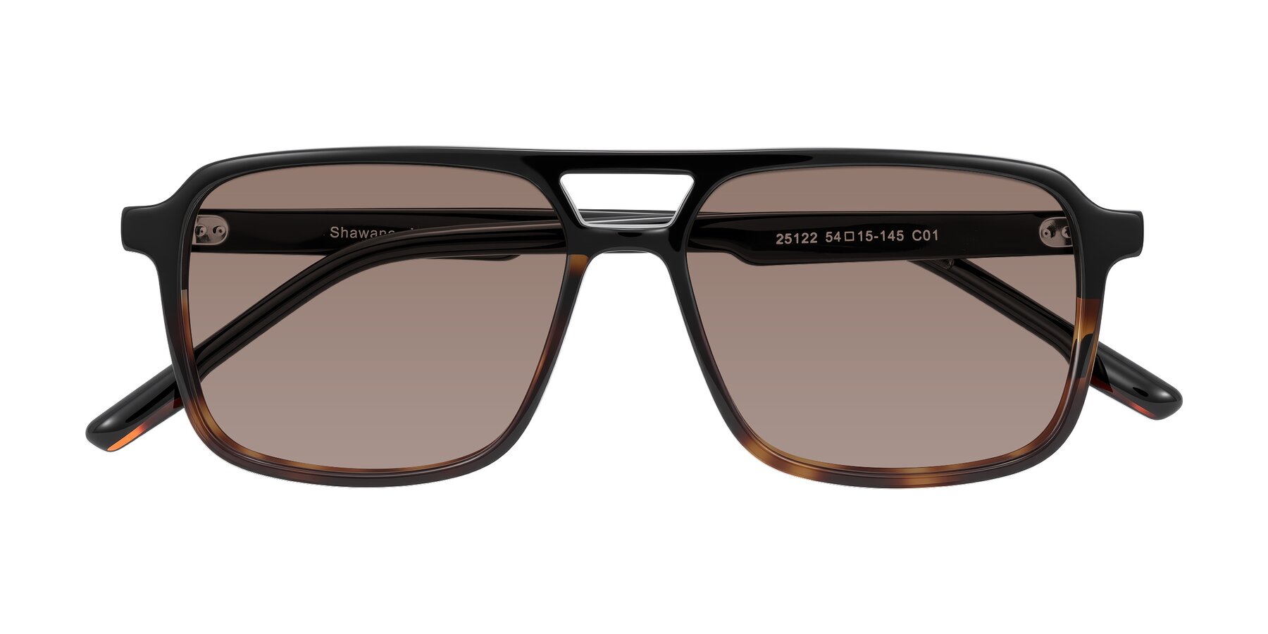 Folded Front of Shawano in Black/Tortoise with Medium Brown Tinted Lenses