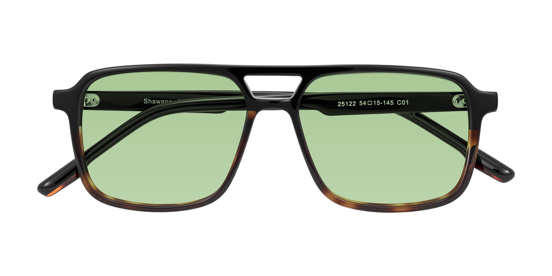 Folded Front of Shawano in Black/Tortoise with Medium Green Tinted Lenses
