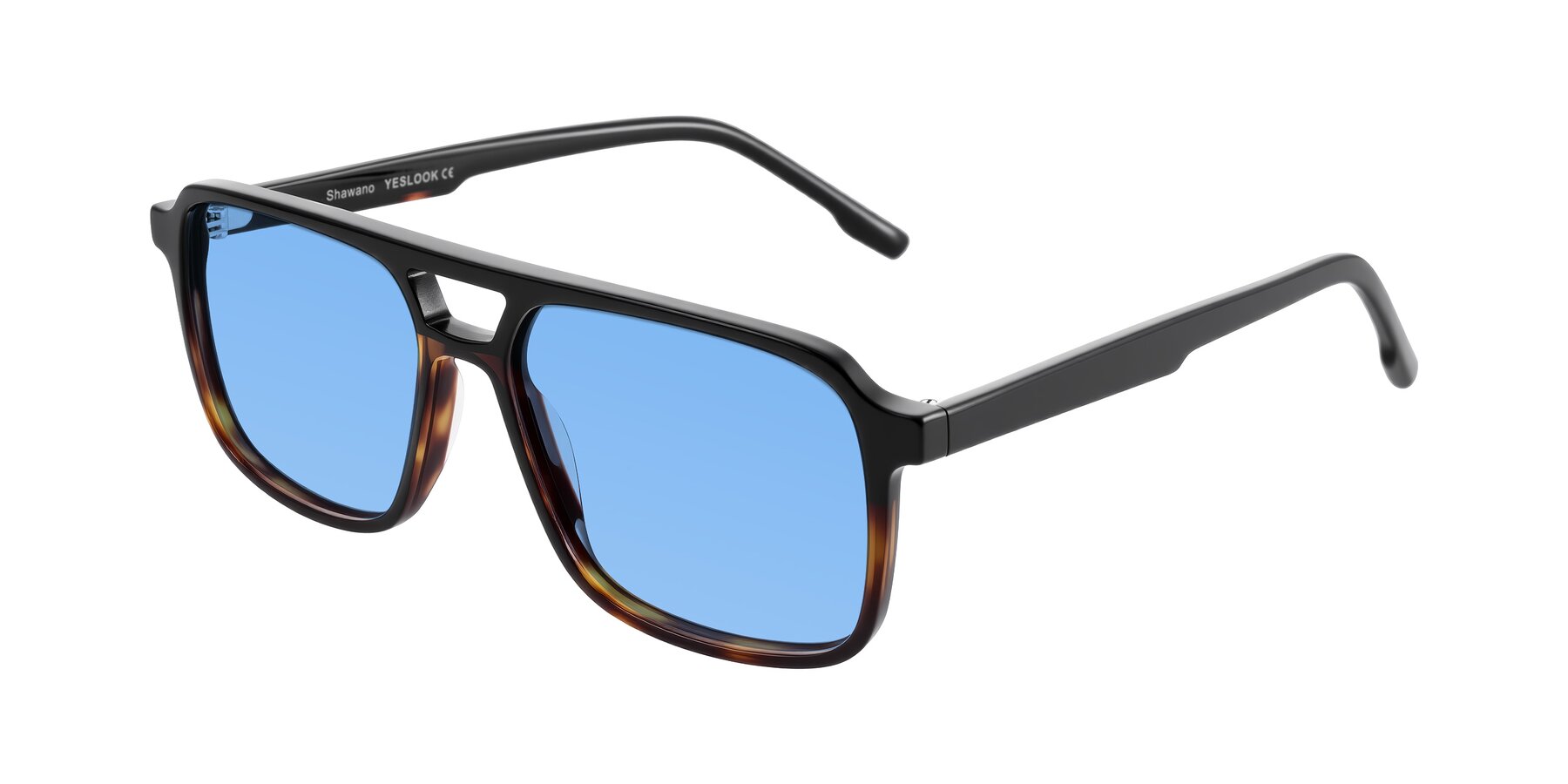 Angle of Shawano in Black/Tortoise with Medium Blue Tinted Lenses