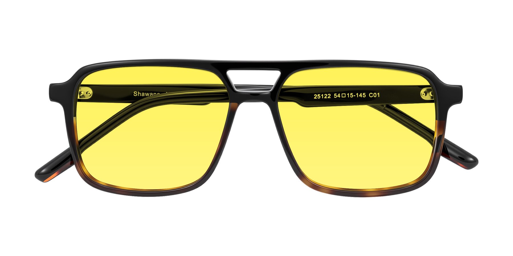 Folded Front of Shawano in Black/Tortoise with Medium Yellow Tinted Lenses